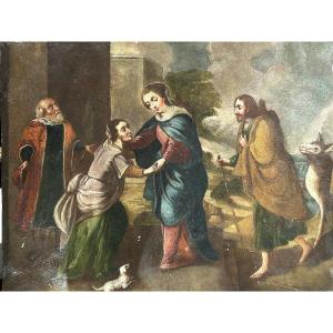 "Visitazione di Maria" olio su rame di scuola spagnola. 37cm x 47cm.