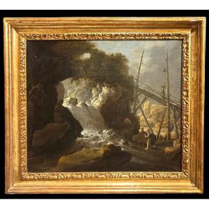 Paesaggio con cascata e personaggi, olio su tela del XVIIsecolo in cornice coeva.