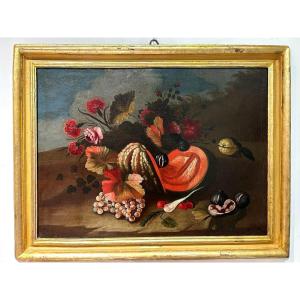 Natura morta di fiori e frutta, prima metà del '700.