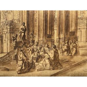 Disegno preparatorio ad inchiostro su carta. Quadraturista settentrionale del XVIII secolo.
