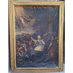 Dipinto in prima tela del XVIIs. Predica di San Francesco di Sales su cornice romana sabbiata