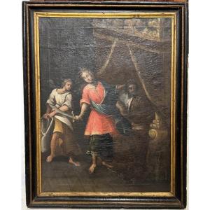 Olio su tela con cornice coeva raff. Giuditta con la testa di Oloferne