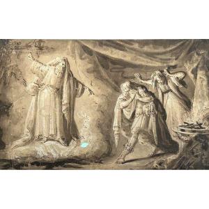Saul e la strega di Endor, inchiostro e biacca su carta. Artista nordico del XVII-XVIII secolo.