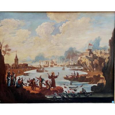 San Francesco rencontre le sultan dans un paysage marin suggestif, 17e Siècle Huile sur toile 