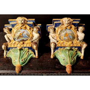Paire d'étagères En Céramique, Manufacture Battaglia - Naples, Milieu Du XIXe Siècle