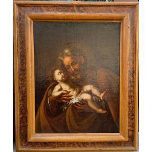 Saint Joseph Avec l'Enfant, Huile Sur Toile Avec Superbe Cadre d'Origine. Fin XVII Siècle