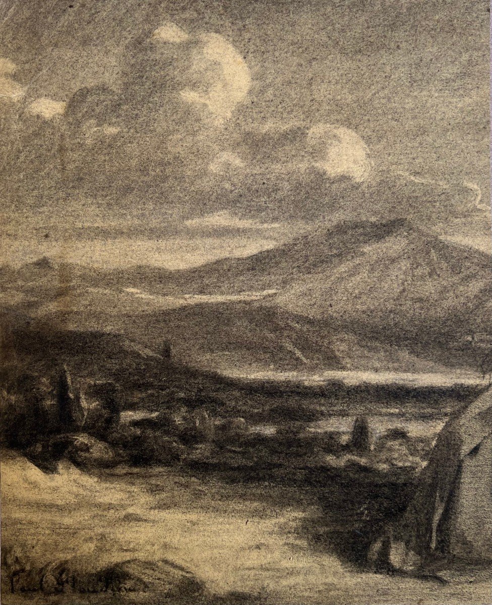 Paul Flandrin (1811 - 1902)  Paesaggio di montagna Disegno Firmato