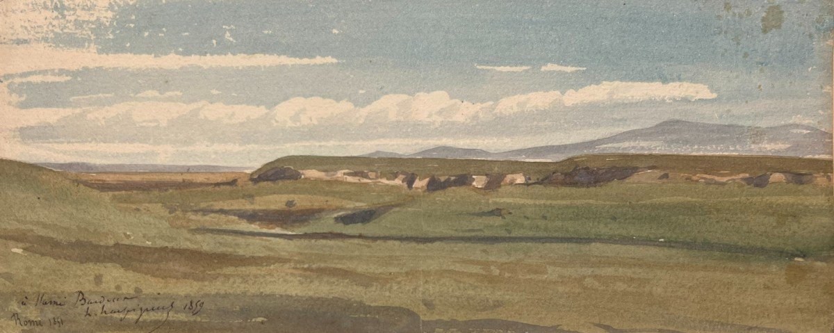 Henri Harpignies - Campagna laziale – aquarello – dedicato, firmato, localizzato Roma 1851