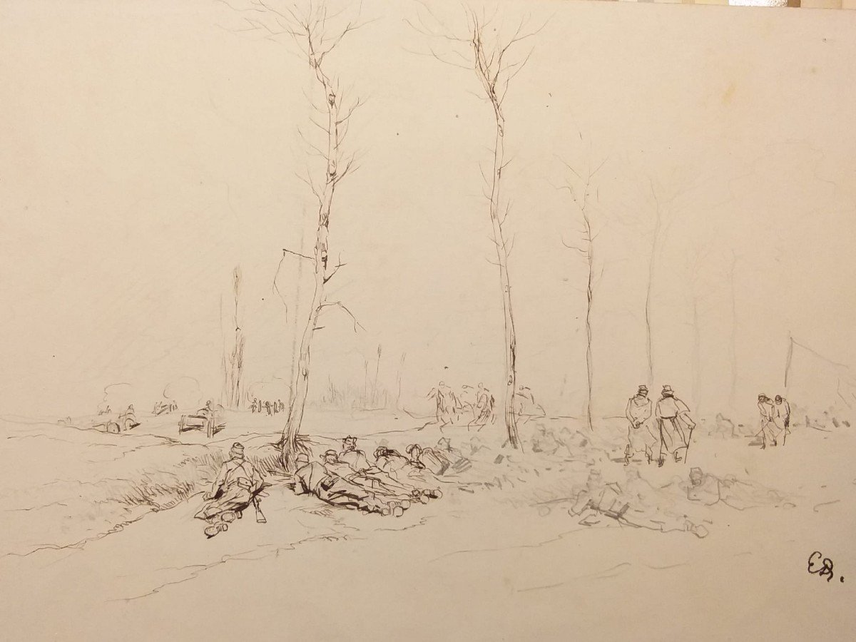 Edouard Detaille (1848 - 1912) Soldati durante uno scontro a fuoco , Disegno, Cachet Ed