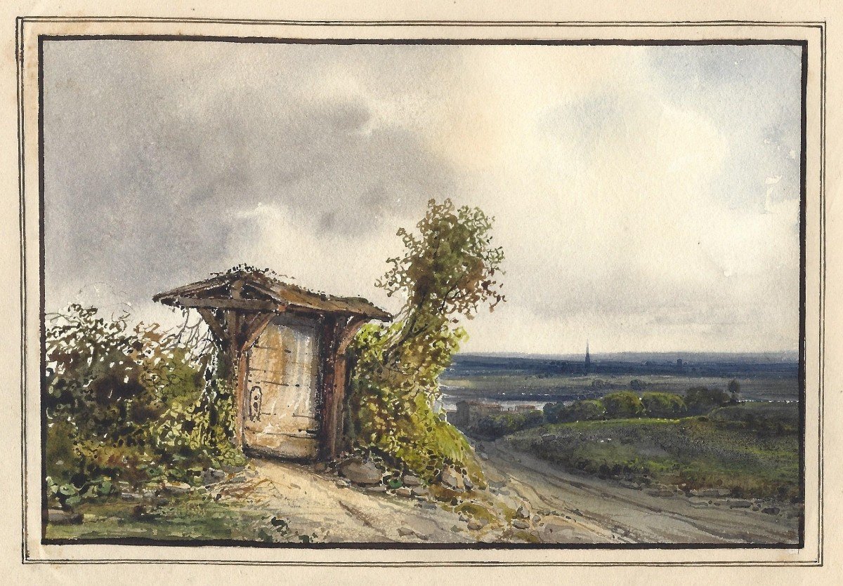 Jean Achard (1807 - 1884) Paesaggio Acquarello