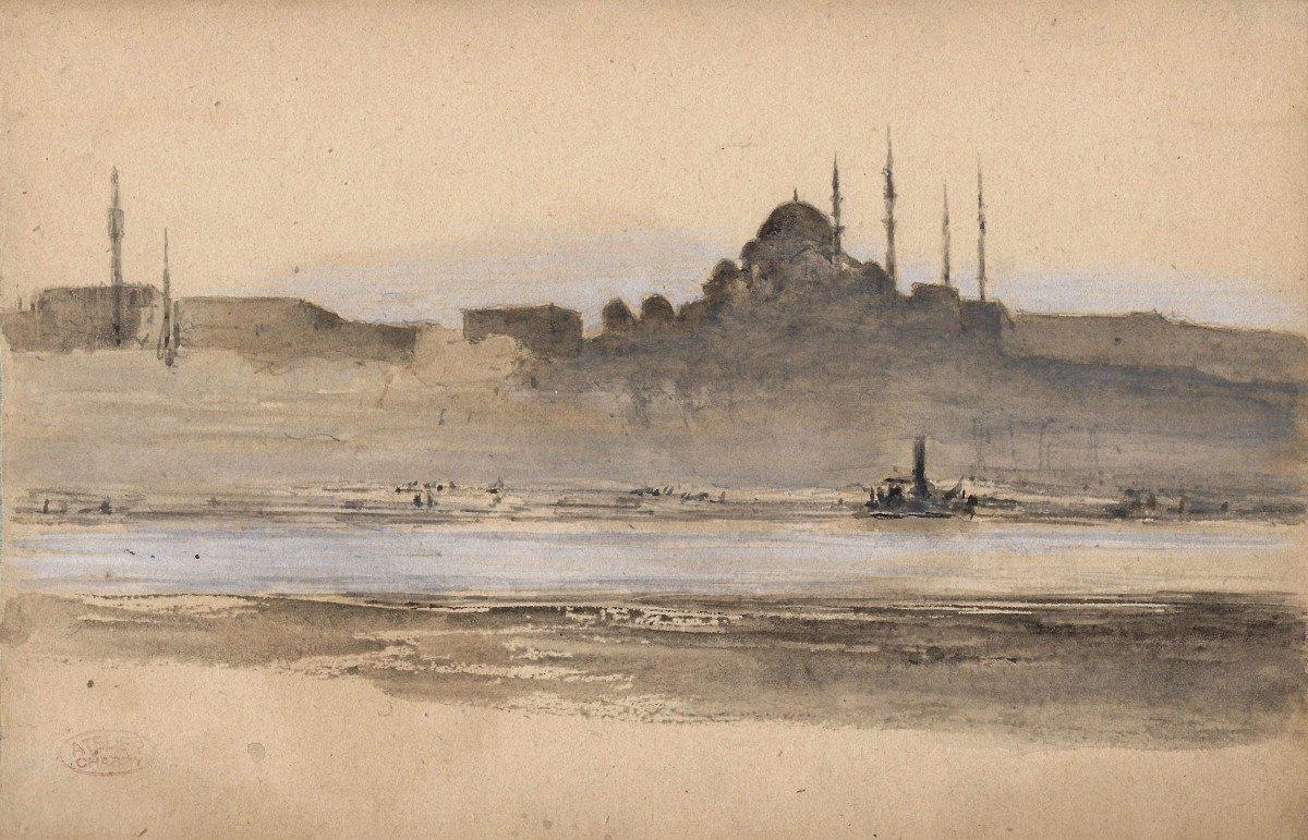 Léonce Chabry (1832 - 1882) Veduta d'Istanbul, Acquarello Cachet