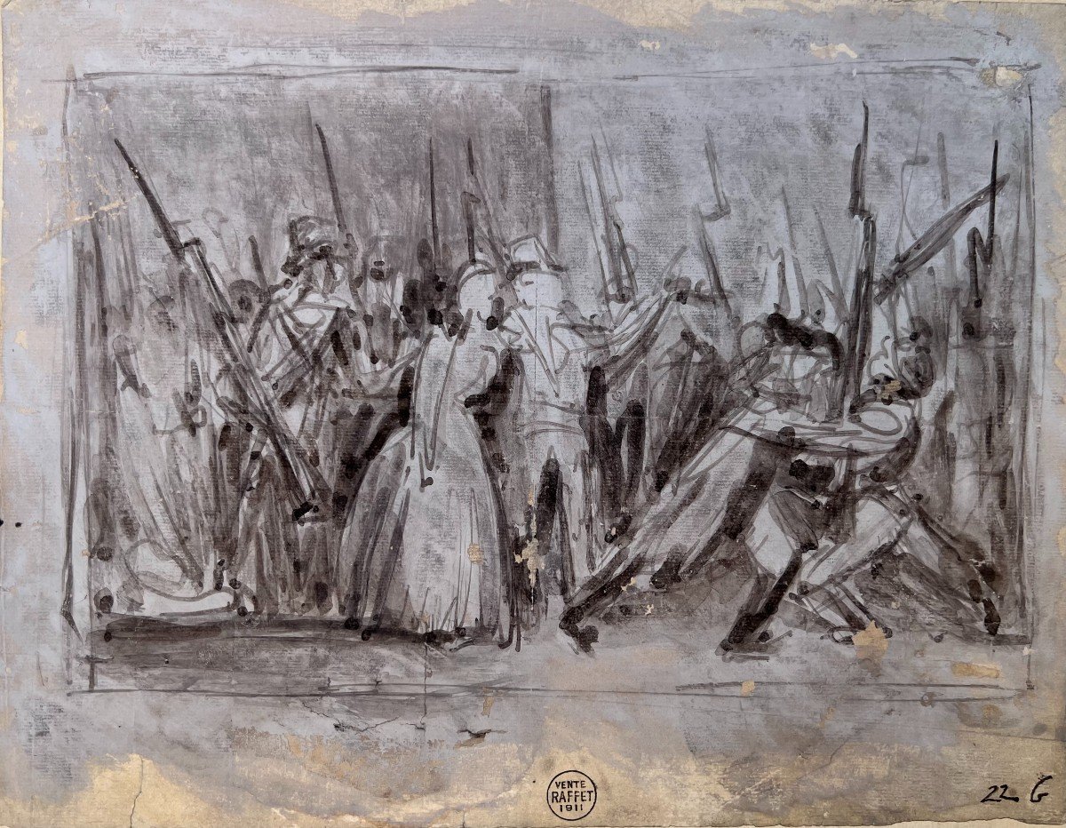 Auguste Raffet (1804 - 1860) Episodio della Rivoluzione  Francese Disegno Cachet 