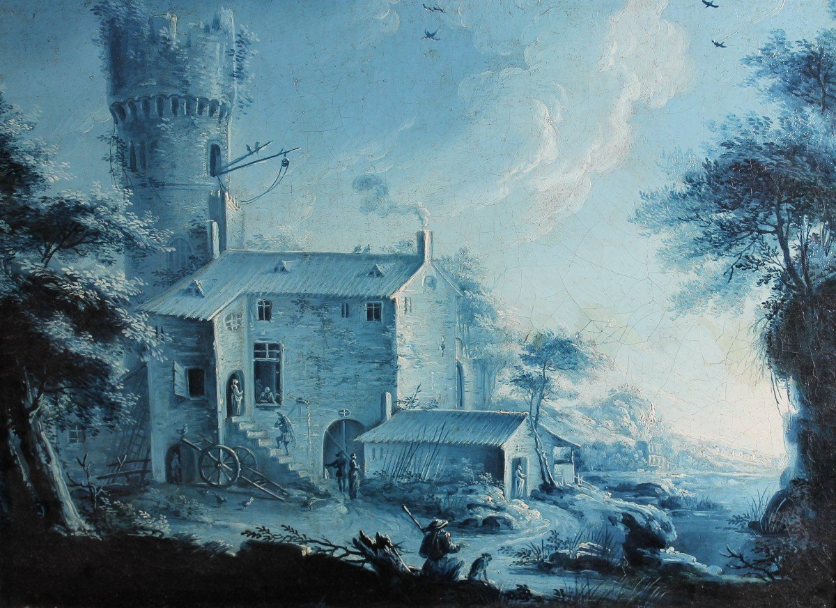 Jacques Vanderburch pittore di Montpellier Paesaggio monocromo blu Firmato