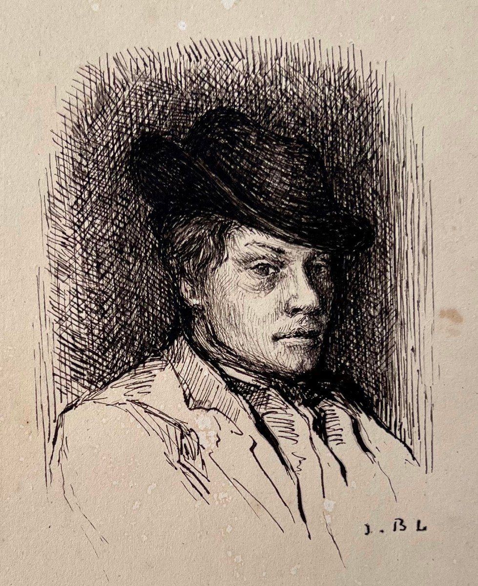 Jules Bastien-Lepage (1848 - 1884) - Autoritratto - Disegno a inchiostro - Monogrammato