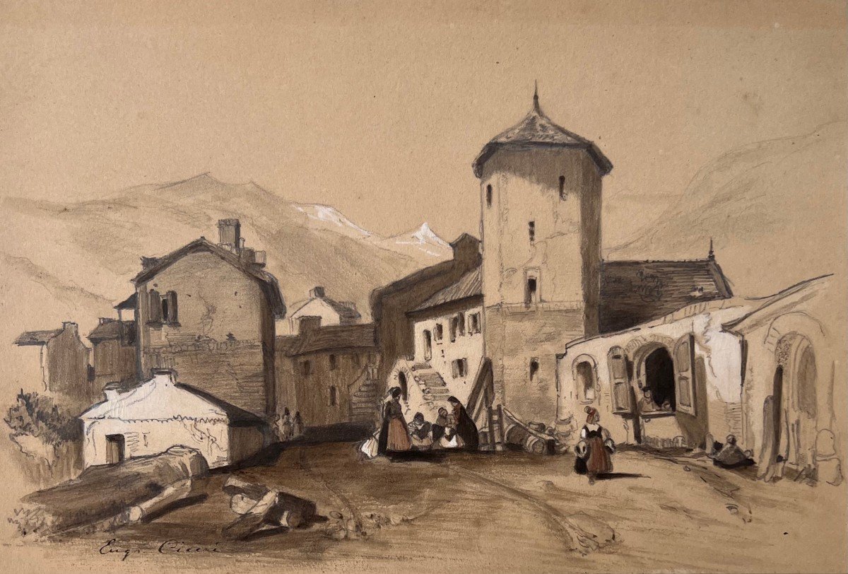 Eugène Cicéri (1813 - 1890) Paesaggio pirenaico, Disegno, Firmato