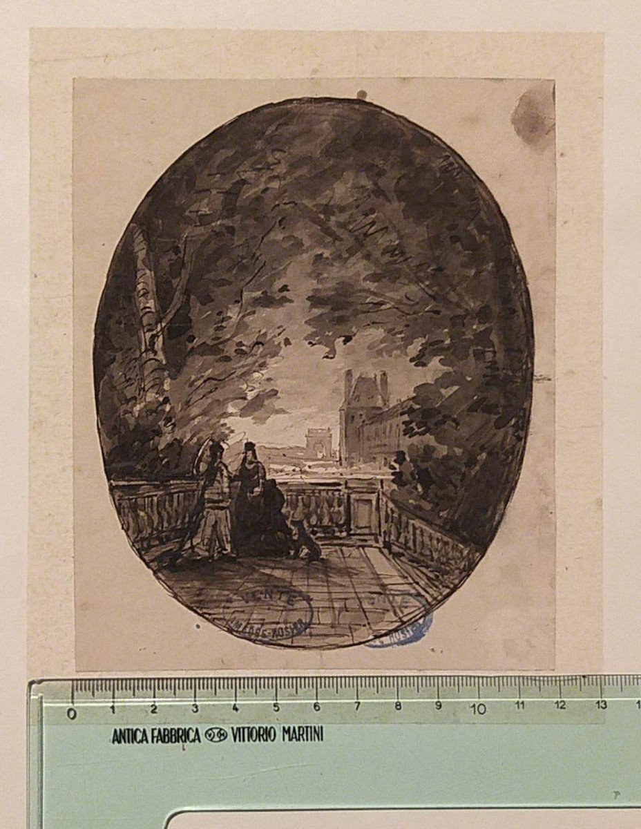 Amedee Rosier (1831 - 1898) Scena galante in terrazza Acquarello Cachet-photo-3