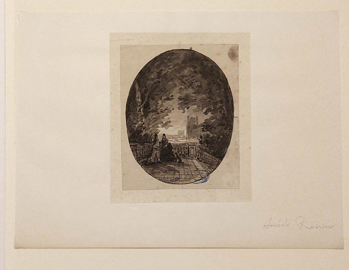 Amedee Rosier (1831 - 1898) Scena galante in terrazza Acquarello Cachet-photo-4