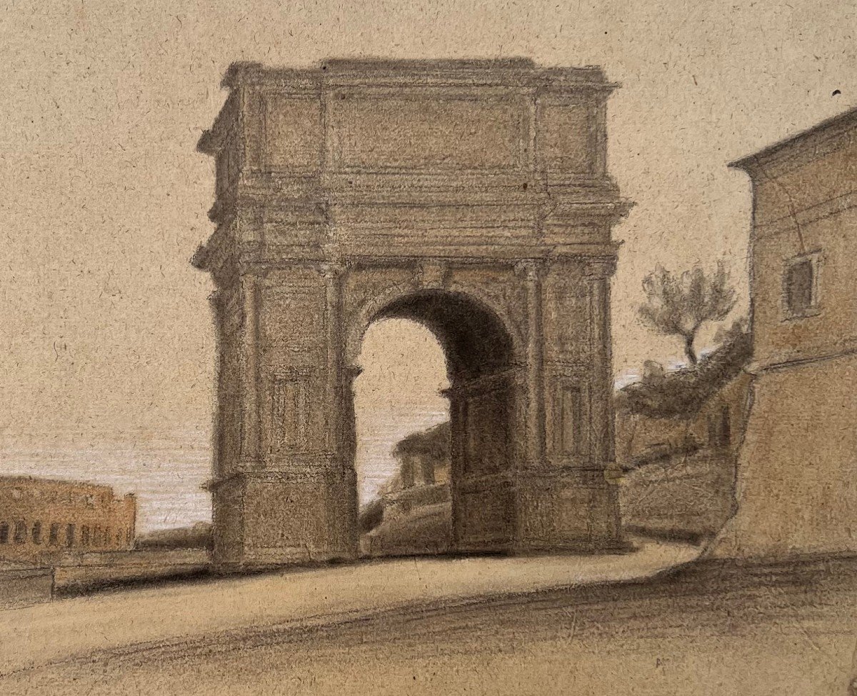 Isidore Pils (1813 - 1875 ) Arco di Tito al Foro Romano con il Colosseo Roma Disegno Cachet-photo-2