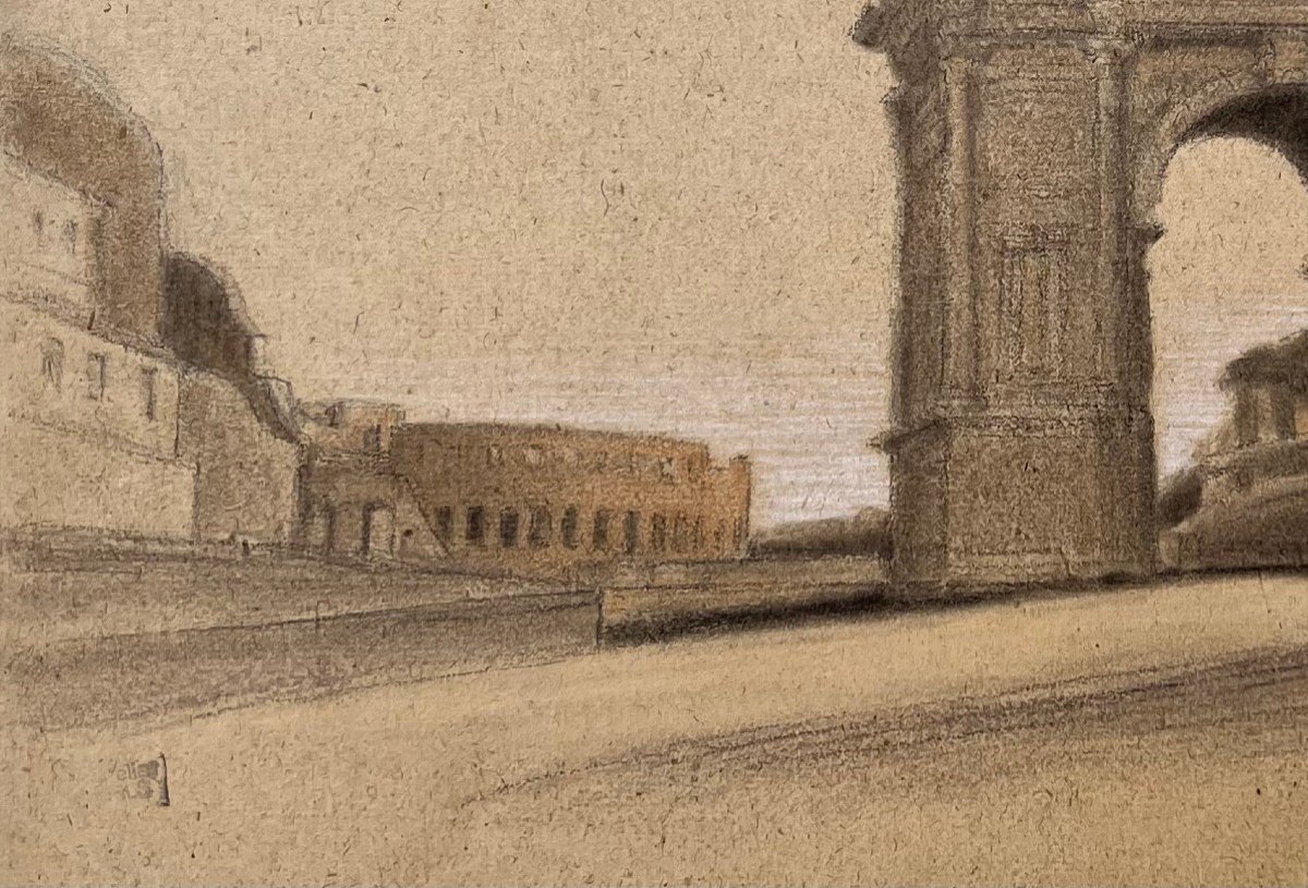 Isidore Pils (1813 - 1875 ) Arco di Tito al Foro Romano con il Colosseo Roma Disegno Cachet-photo-3