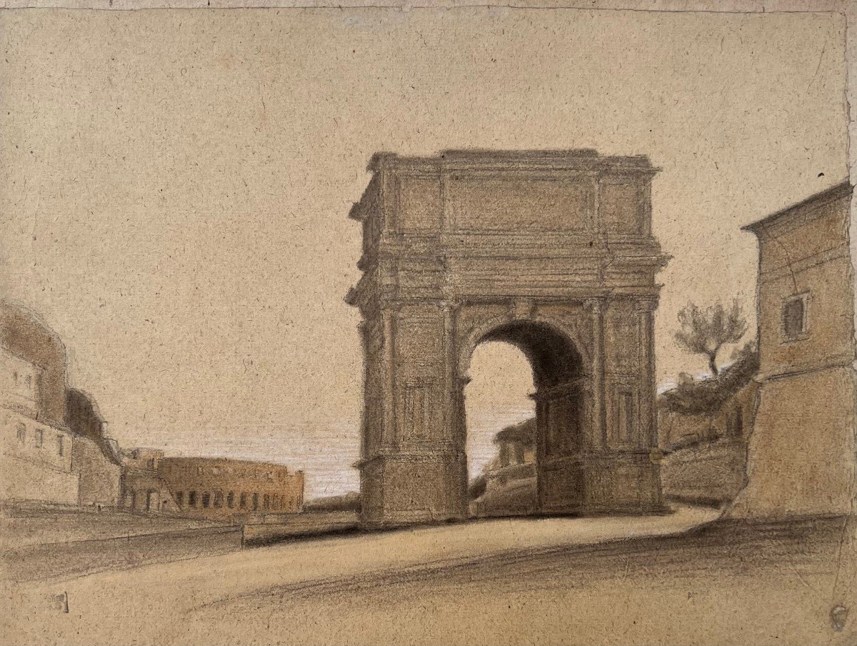 Isidore Pils (1813 - 1875 ) Arco di Tito al Foro Romano con il Colosseo Roma Disegno Cachet