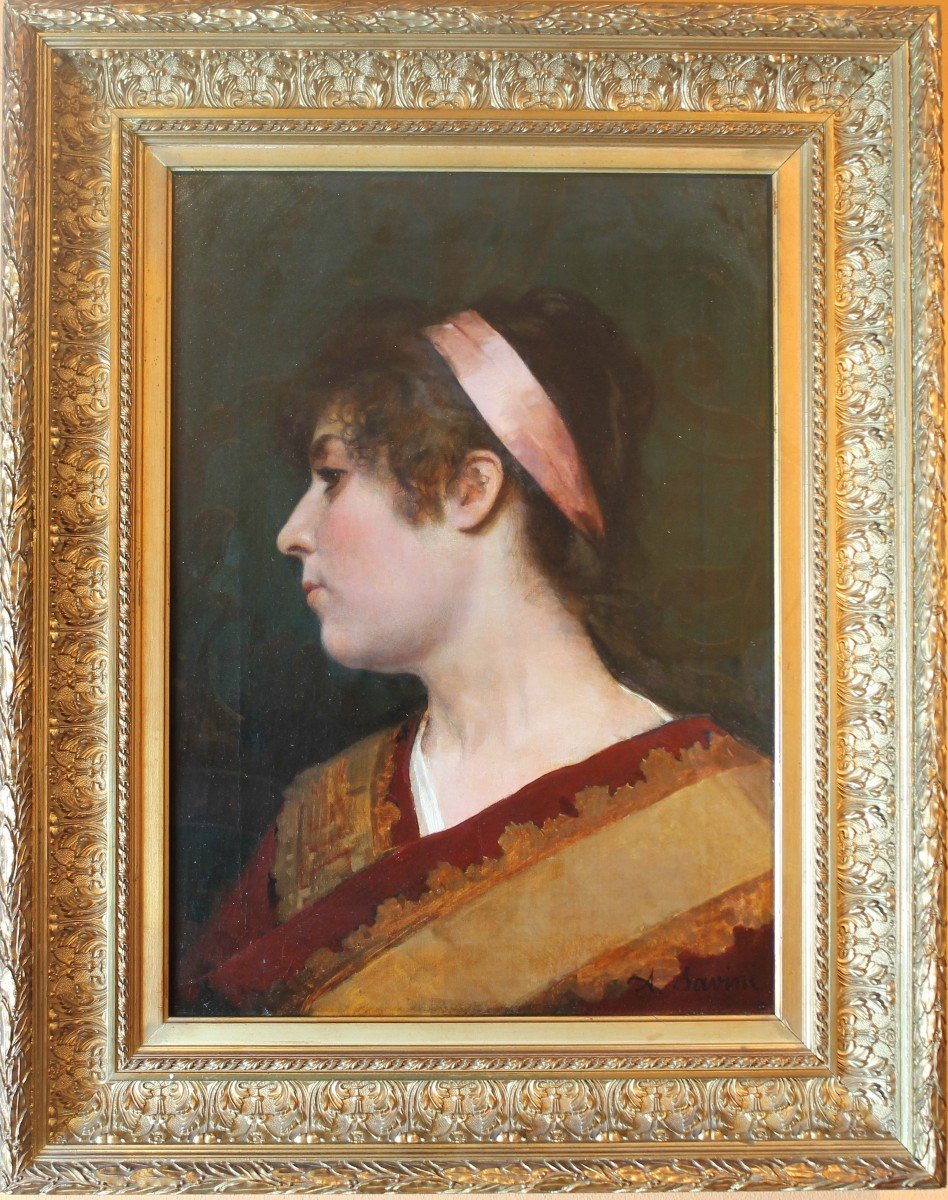 Alfonso Savini - Bologna - Olio su Tela - XIX secolo  -Ritratto di donna di profilo-photo-3