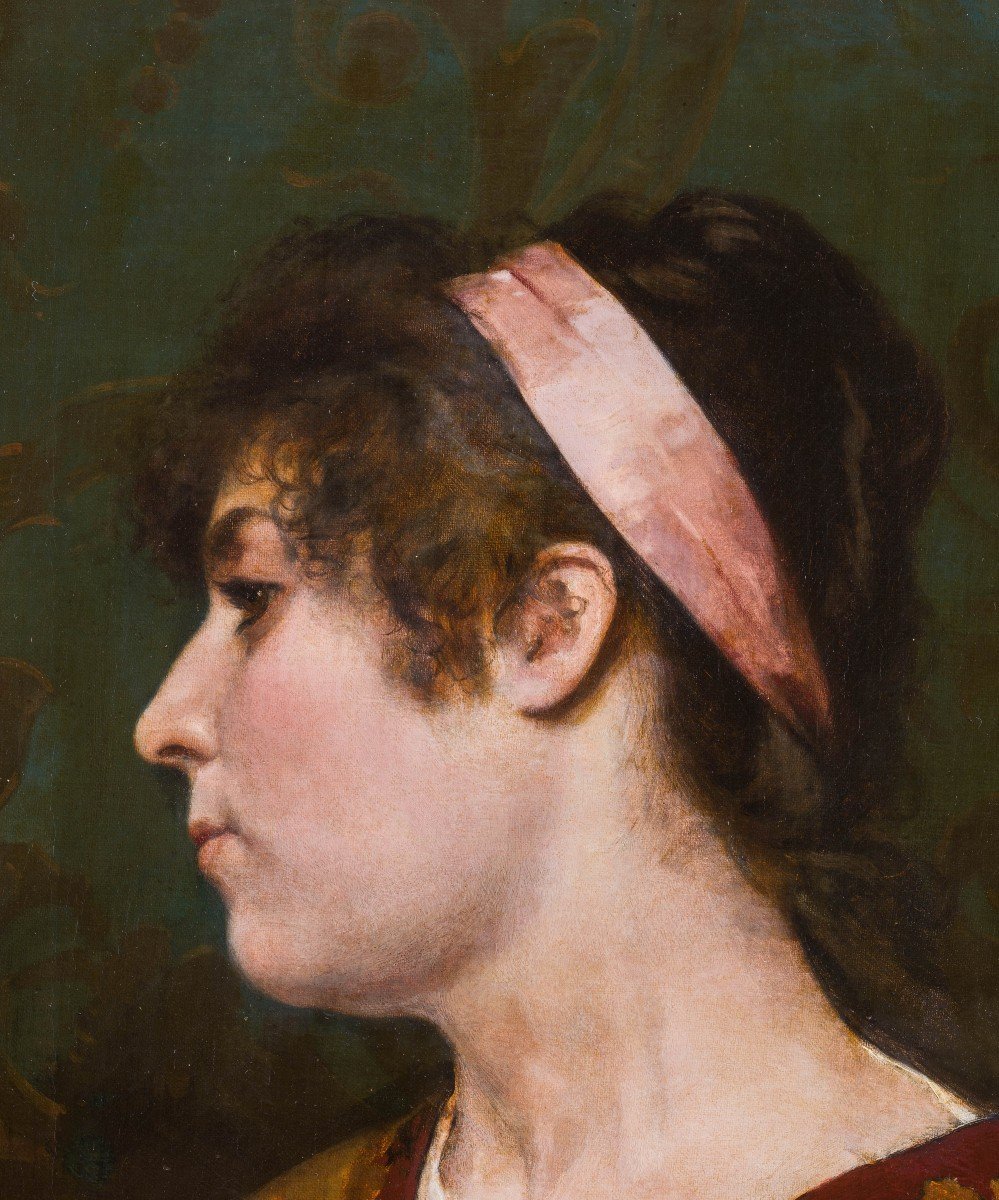 Alfonso Savini - Bologna - Olio su Tela - XIX secolo  -Ritratto di donna di profilo-photo-1