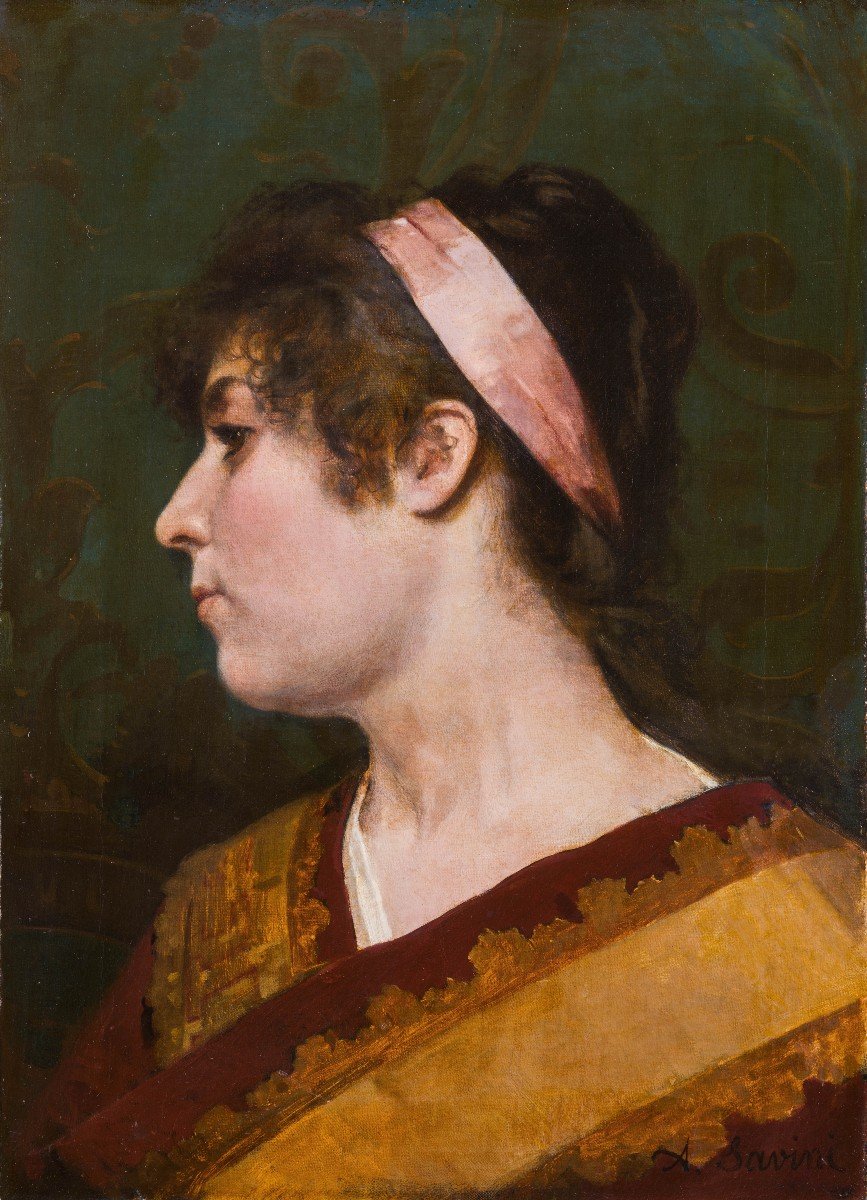 Alfonso Savini - Bologna - Olio su Tela - XIX secolo  -Ritratto di donna di profilo