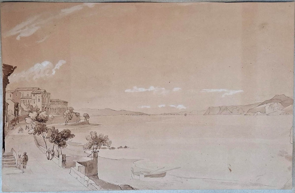 Veduta di Reggio Calabria da Punta Faro en Sicilie  Metà Ottocento Disegno Acquarello -photo-2