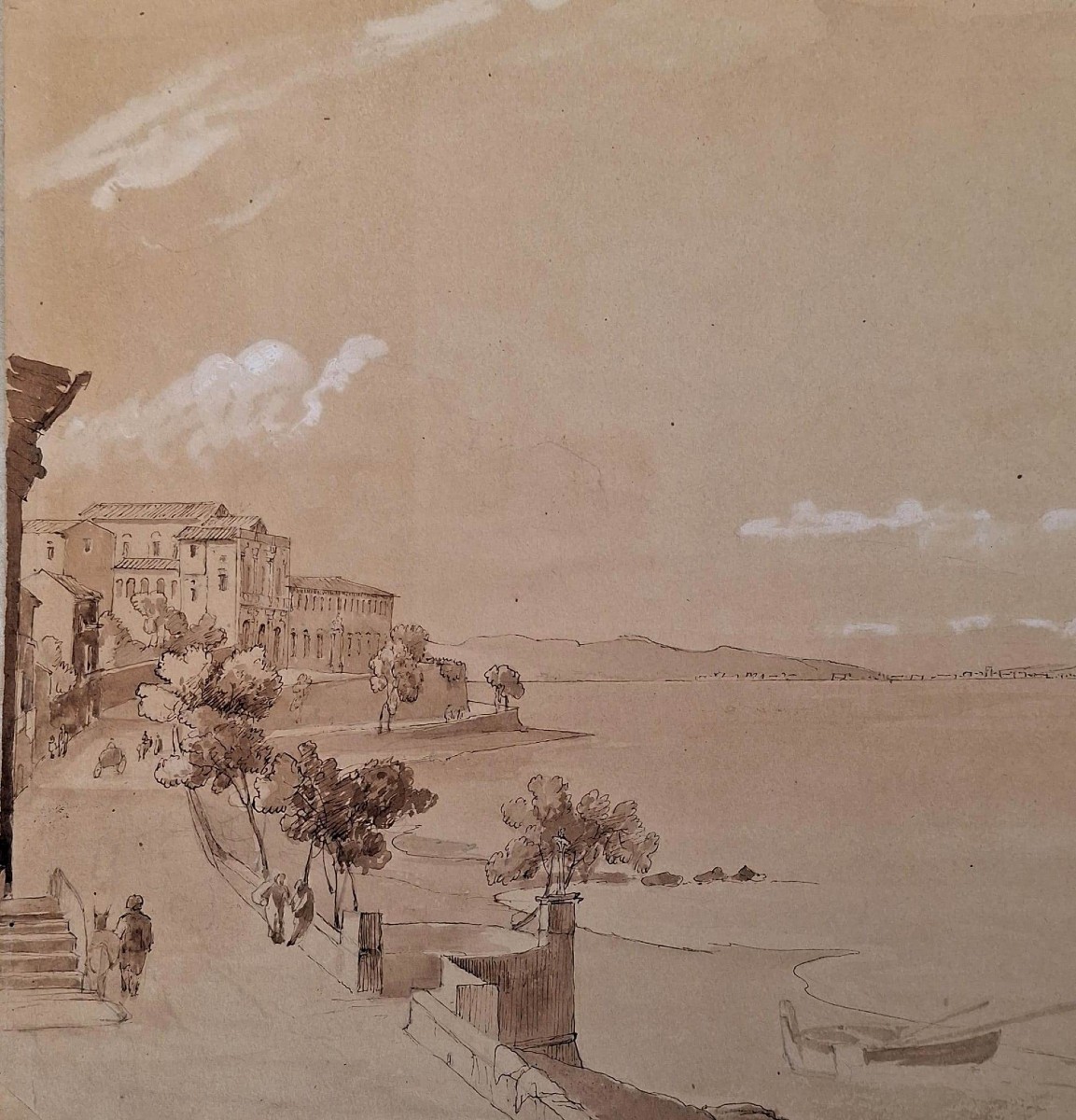 Veduta di Reggio Calabria da Punta Faro en Sicilie  Metà Ottocento Disegno Acquarello 