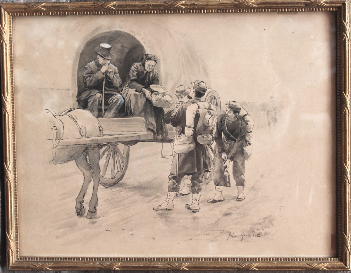 Jules Girardet Soldati Disegno Acquarello Firmato Datato lllustrazione