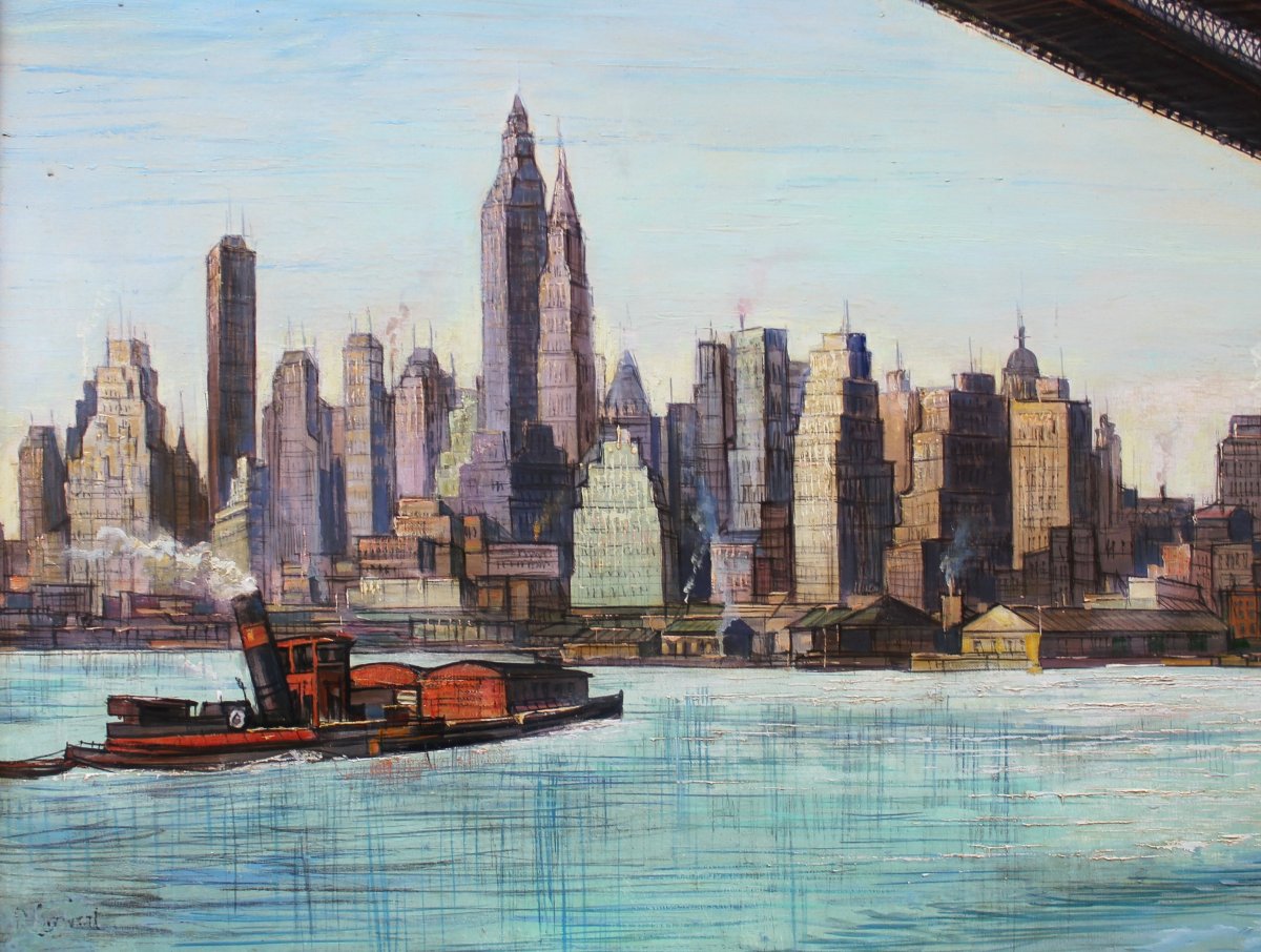 Veduta Skyline di Manhattan a New York dal Ponte di Brooklyn - Olio su Tela - Firmato-photo-1