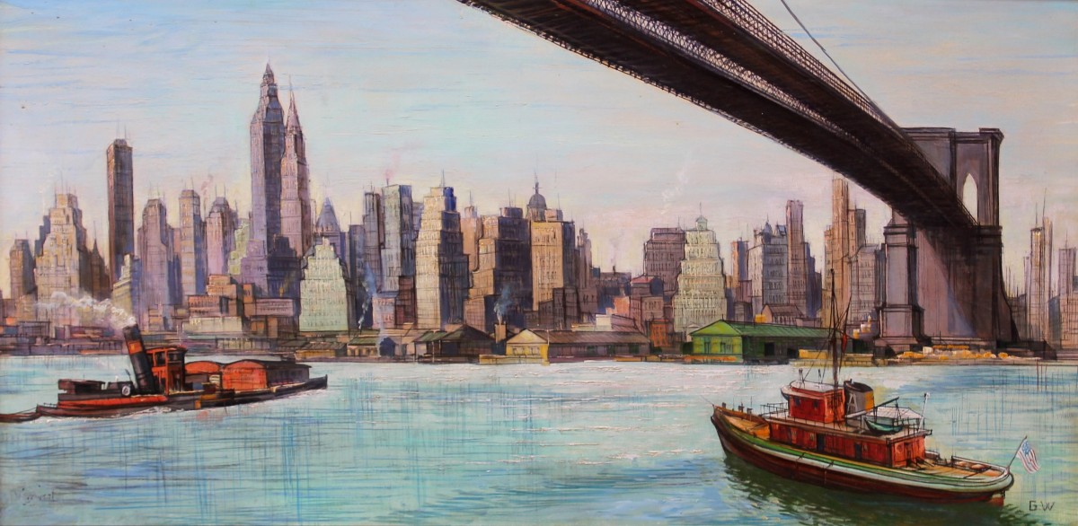 Veduta Skyline di Manhattan a New York dal Ponte di Brooklyn - Olio su Tela - Firmato