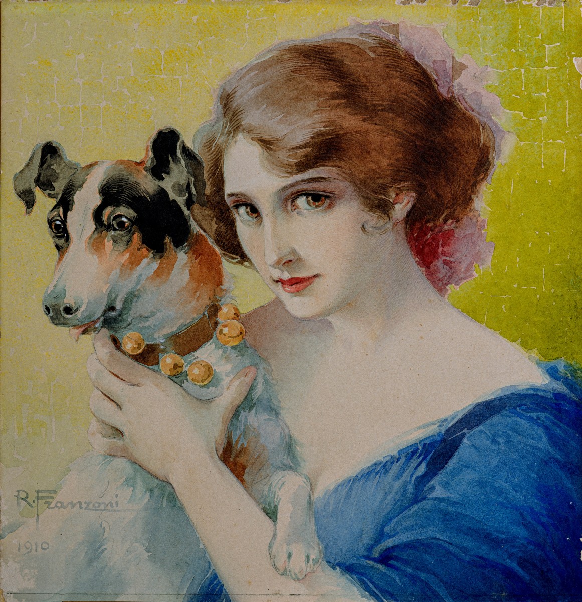 Roberto Franzoni - Ritratto femminle con un Jack Russel Terrier - Firmato e datato 1910