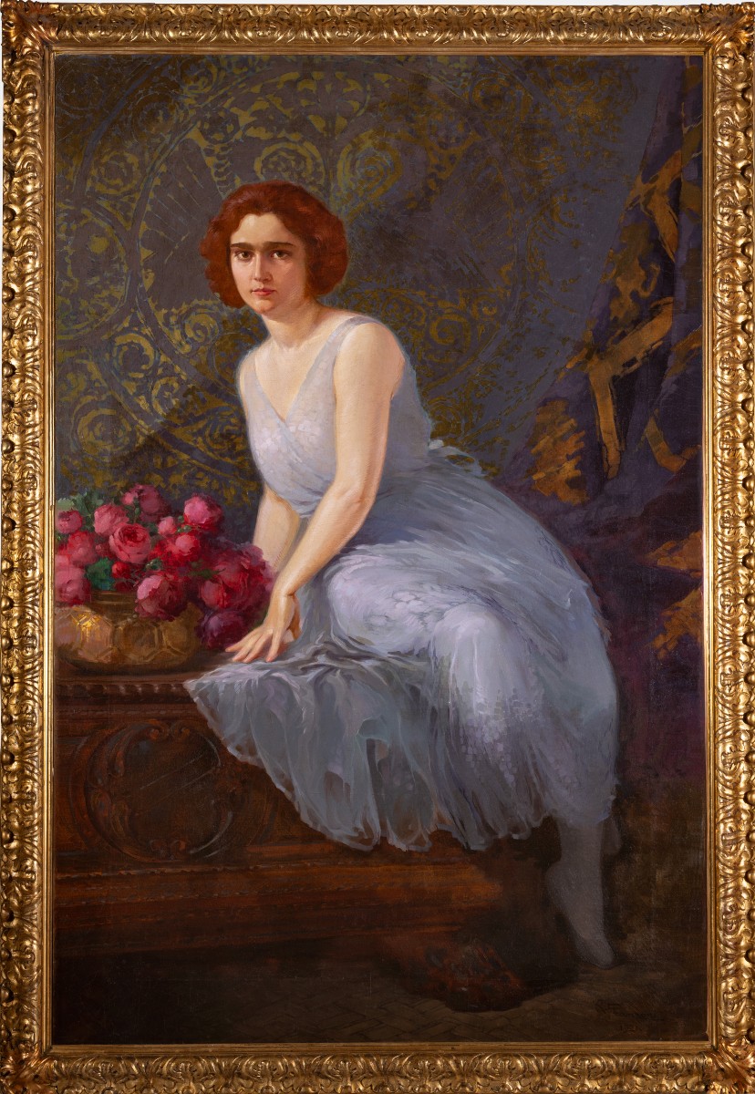 Roberto Franzoni - Bologna - Grande ritratto Moglie a olio su tela - Firmato - Datato