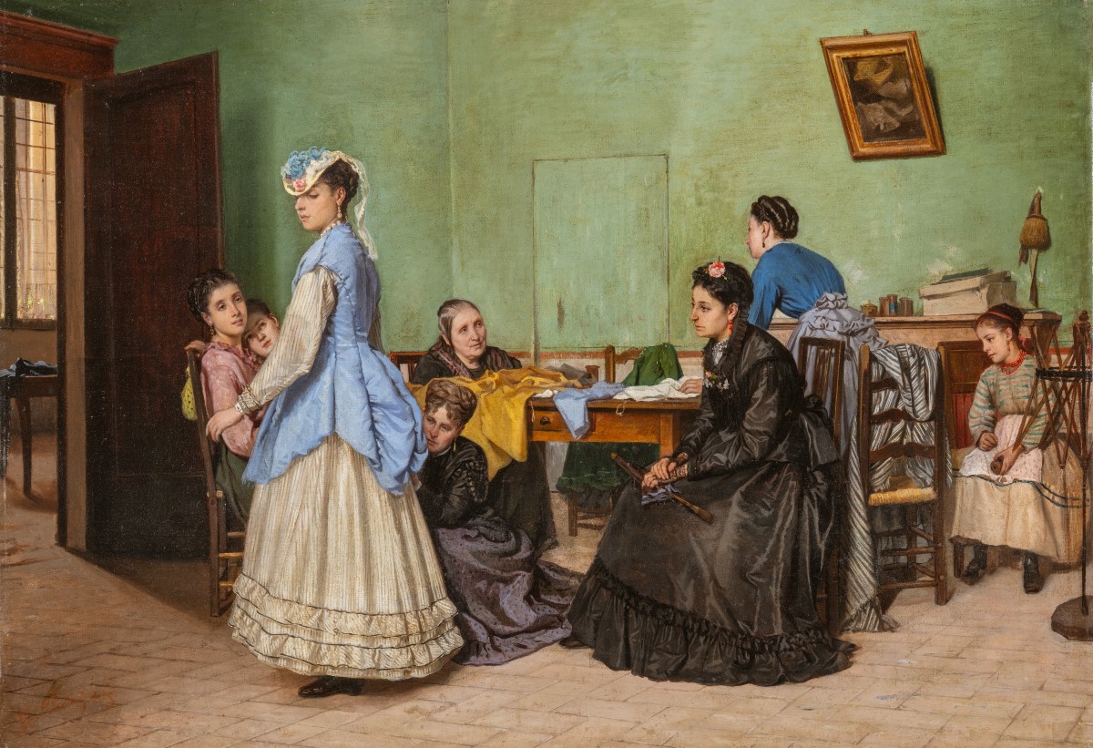 Gaetano Palazzi - La Prova del Vestito - Tela - Firmato - Moda - Macchiaiolo