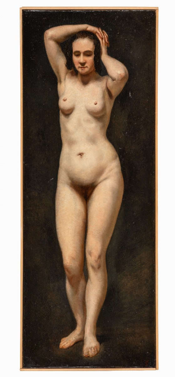 Filadelfo Simi - Donna nuda in piedi - Olio su carta - Monogrammato