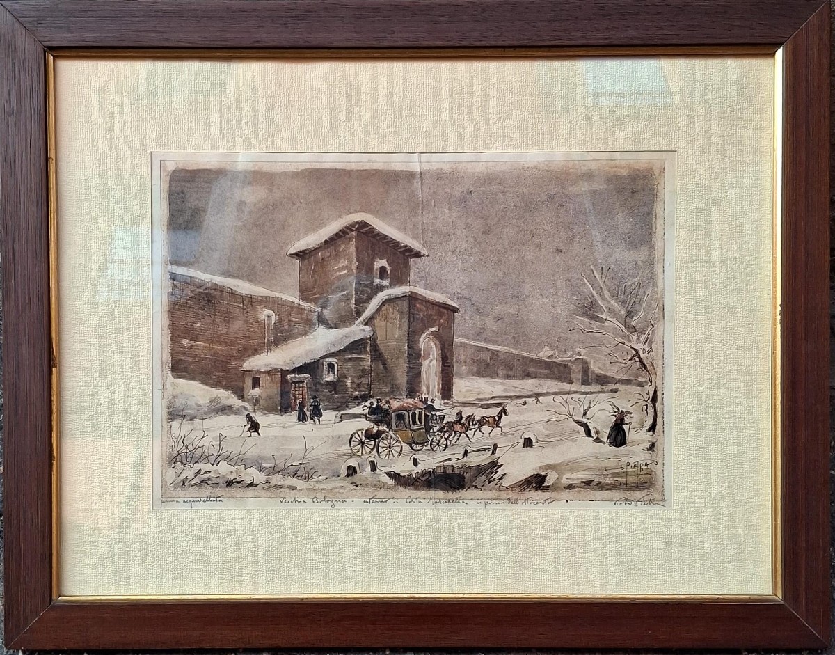 Pietro Pietra - Veduta di Porta Mascarella a Bologna - Disegno e Acquarello - Firmato-photo-2