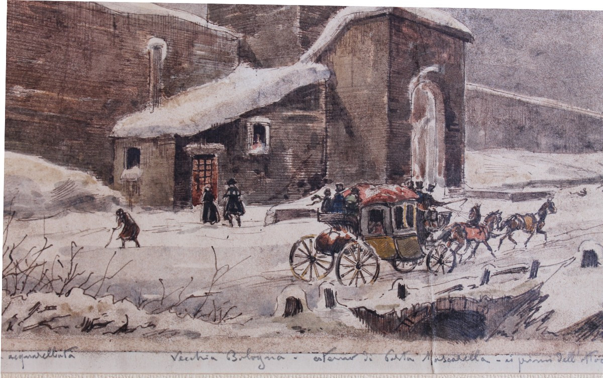 Pietro Pietra - Veduta di Porta Mascarella a Bologna - Disegno e Acquarello - Firmato-photo-3