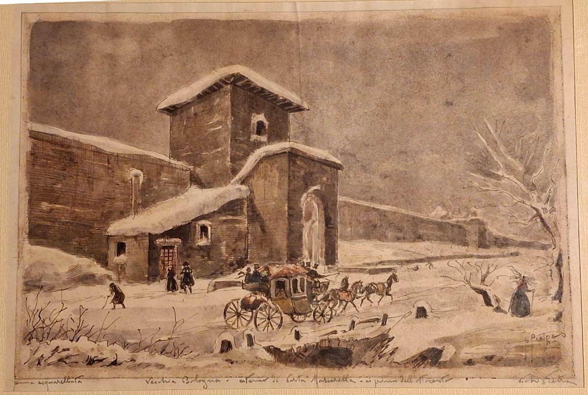 Pietro Pietra - Veduta di Porta Mascarella a Bologna - Disegno e Acquarello - Firmato-photo-1