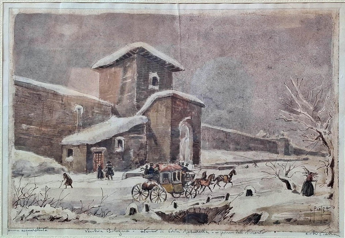 Pietro Pietra - Veduta di Porta Mascarella a Bologna - Disegno e Acquarello - Firmato