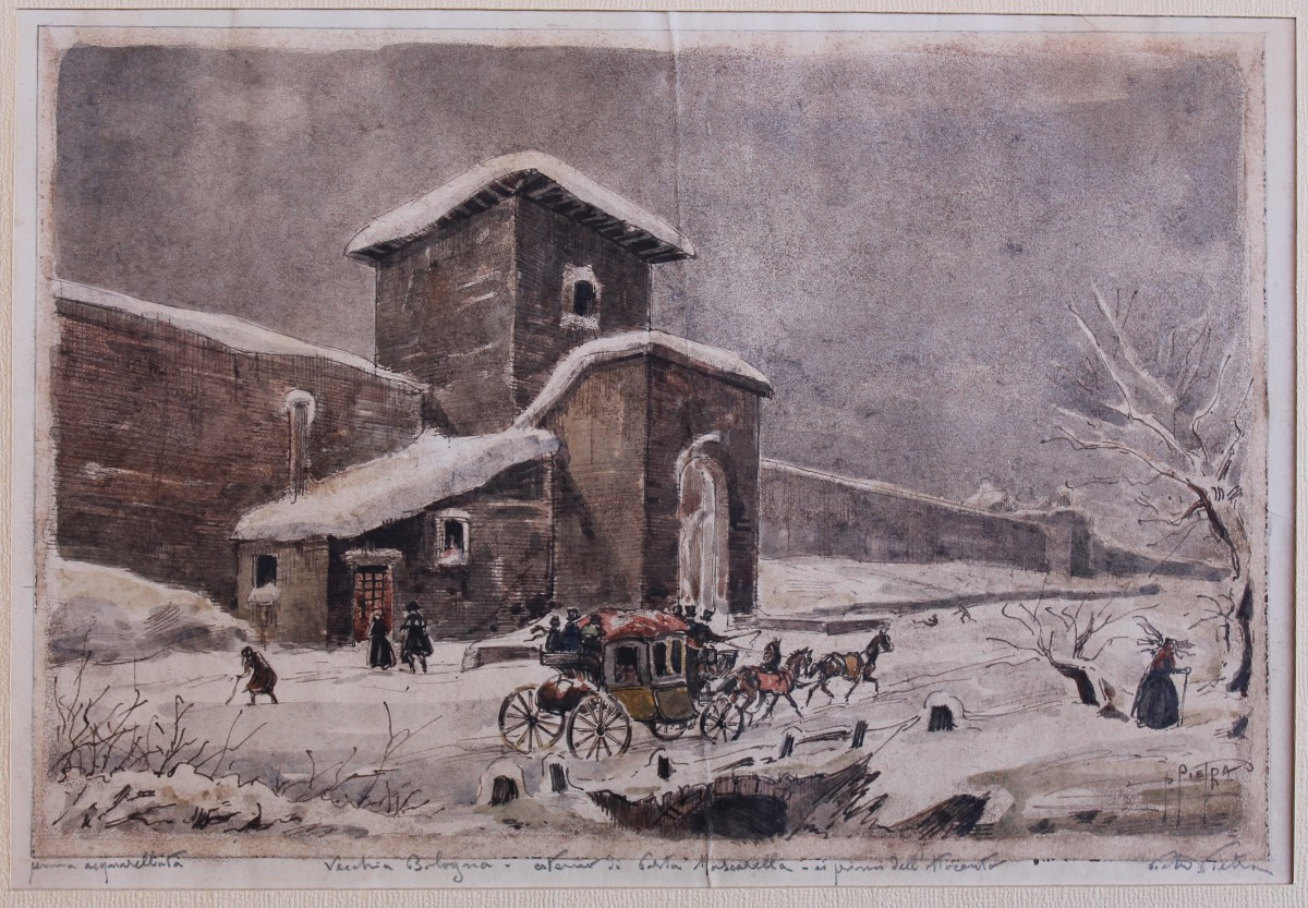 Pietro Pietra - Veduta di Porta Mascarella a Bologna - Disegno e Acquarello - Firmato