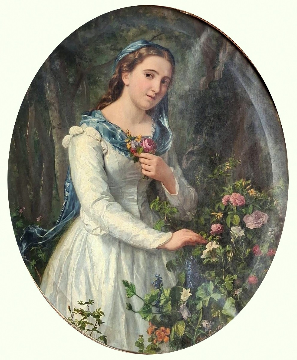 Maria Spanò - Pittrice - Ottocento - Firmato - Donna fra i fiori - Napoli