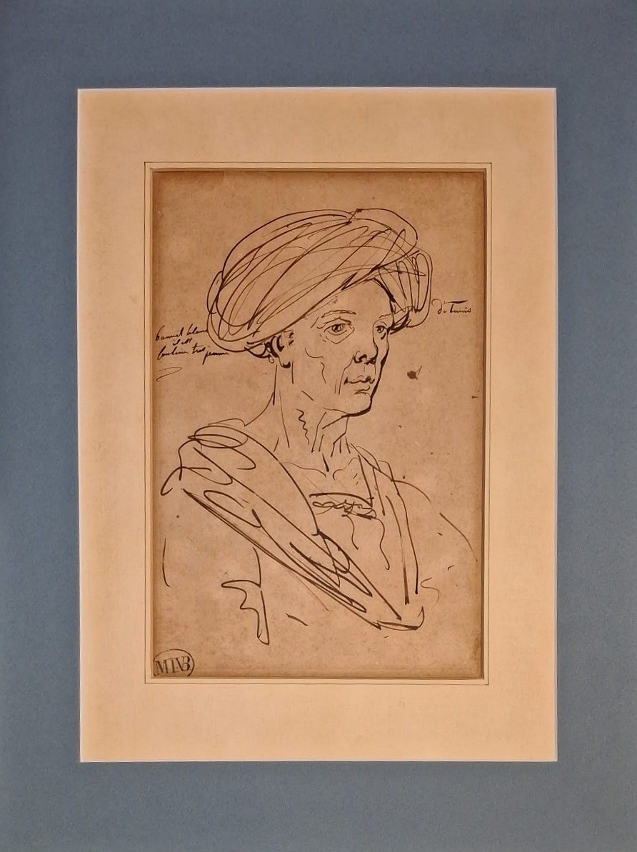 Mathieu Ignace Van Bree - Ritratto d'uomo con turbante -  Disegno a penna - Firmato-photo-2