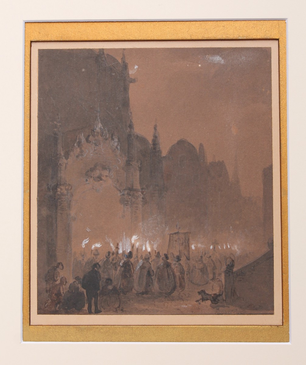 Artista Francese - Processione notturna - Disegno e Acquarello - Ottocento-photo-3