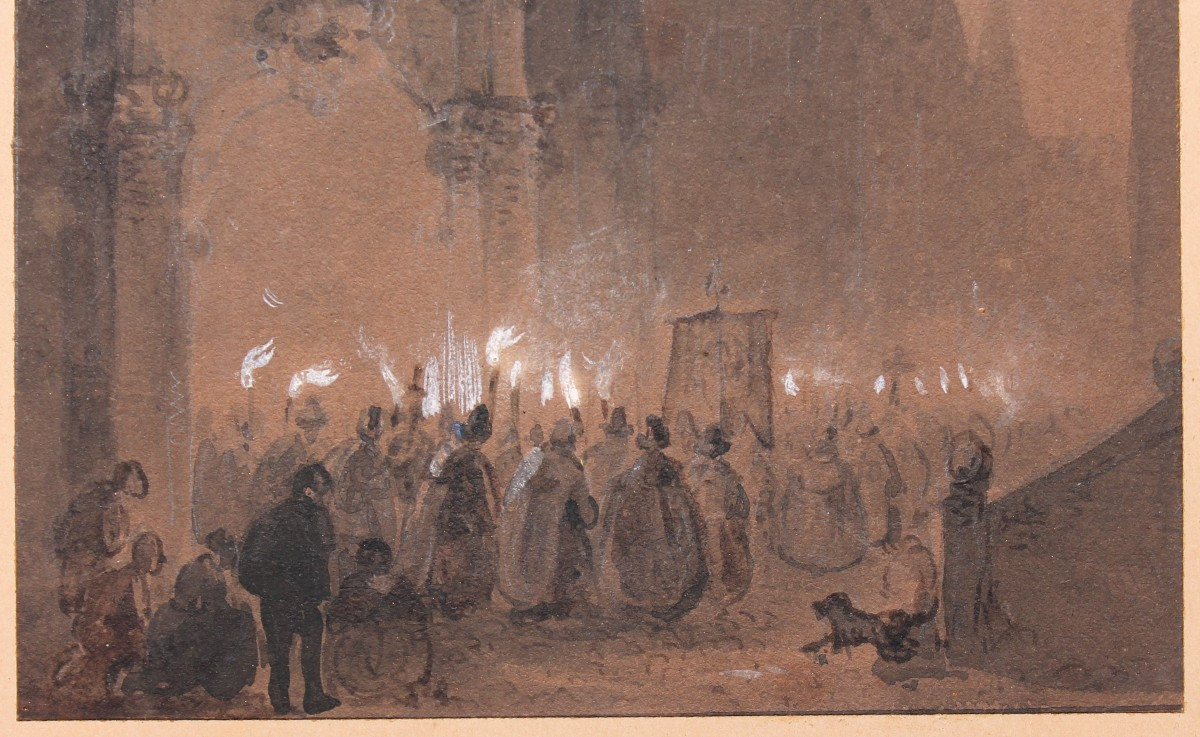 Artista Francese - Processione notturna - Disegno e Acquarello - Ottocento-photo-4