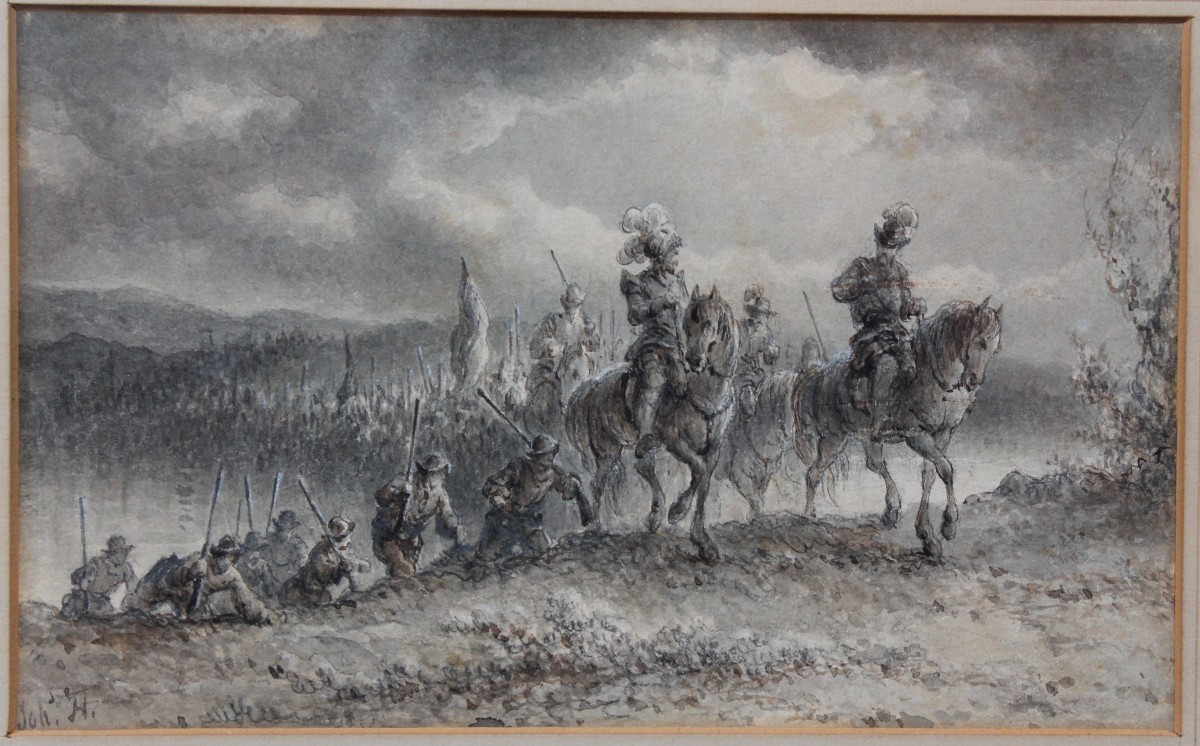 Johannes HILVERDINK - L'esercito in viaggio - Disegno acquarello - firmato