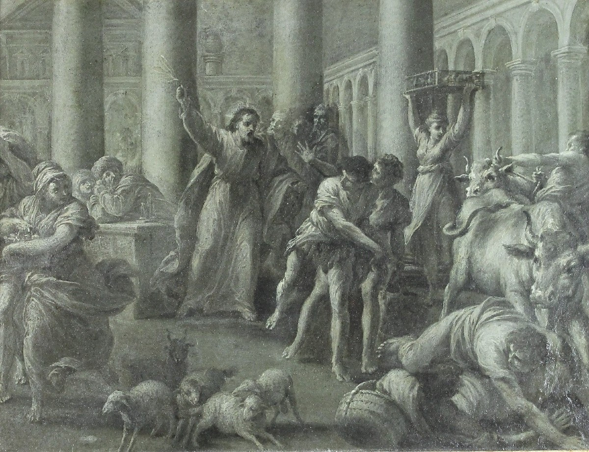 Giuseppe Varotti - La cacciata dei mercanti dal Tempio - Olio su carta - Monocromo