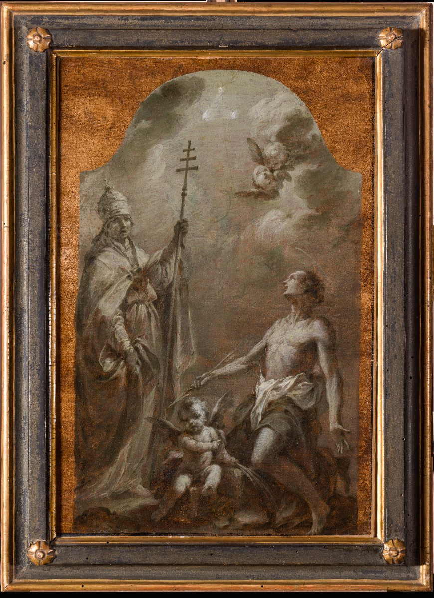 Giuseppe Varotti - Bologna - olio monocromo su carta – Santi Gregorio Magno e Sebastiano 