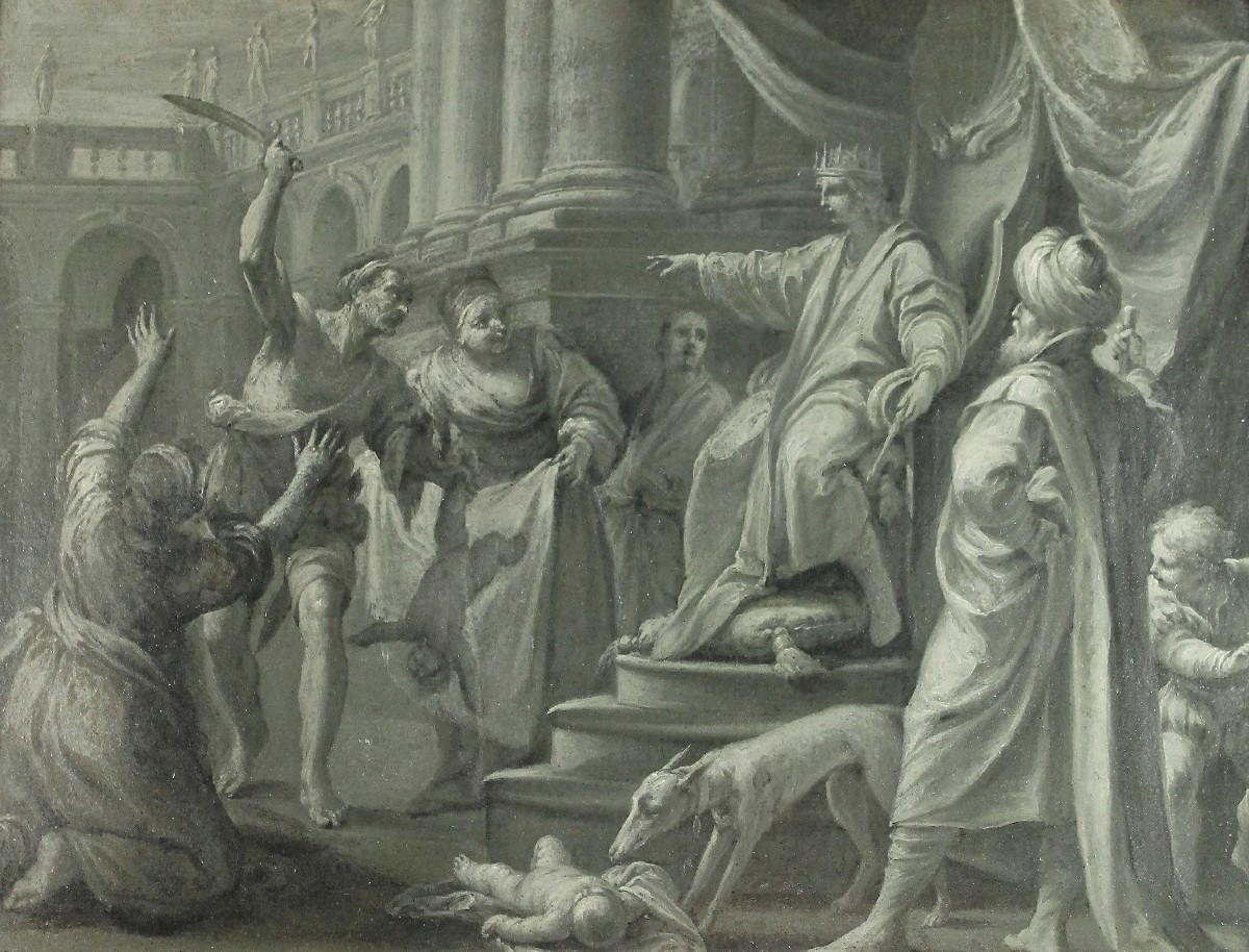 Giuseppe Varotti - Bologna - olio monocromo su carta - Il giudizio di Salomone - Settecento