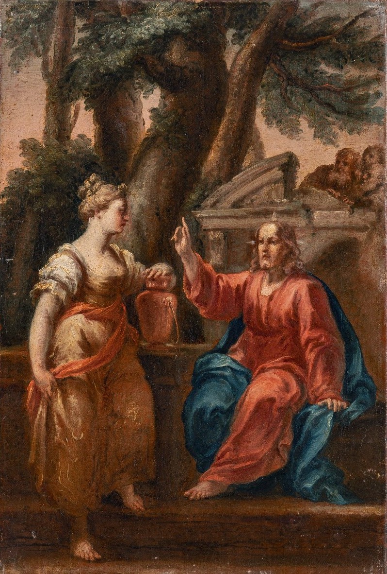 GIUSEPPE VAROTTI - BOLOGNA - OLIO SU PRIMA TELA – Cristo e Samaritana – CORNICE ORIGINALE